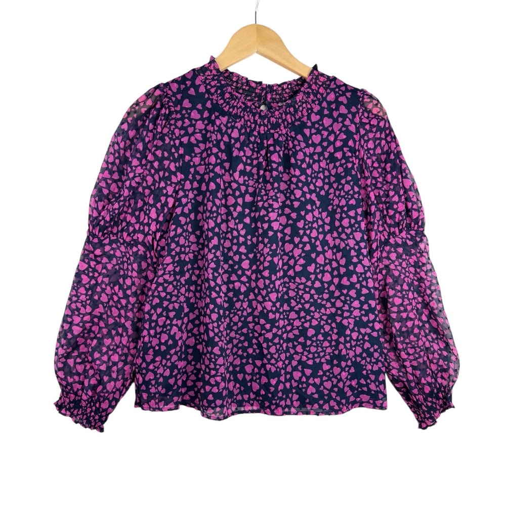 LOFT Womens Navy Pink Heart Print Puff Sleeve Blouse Size Small Petite